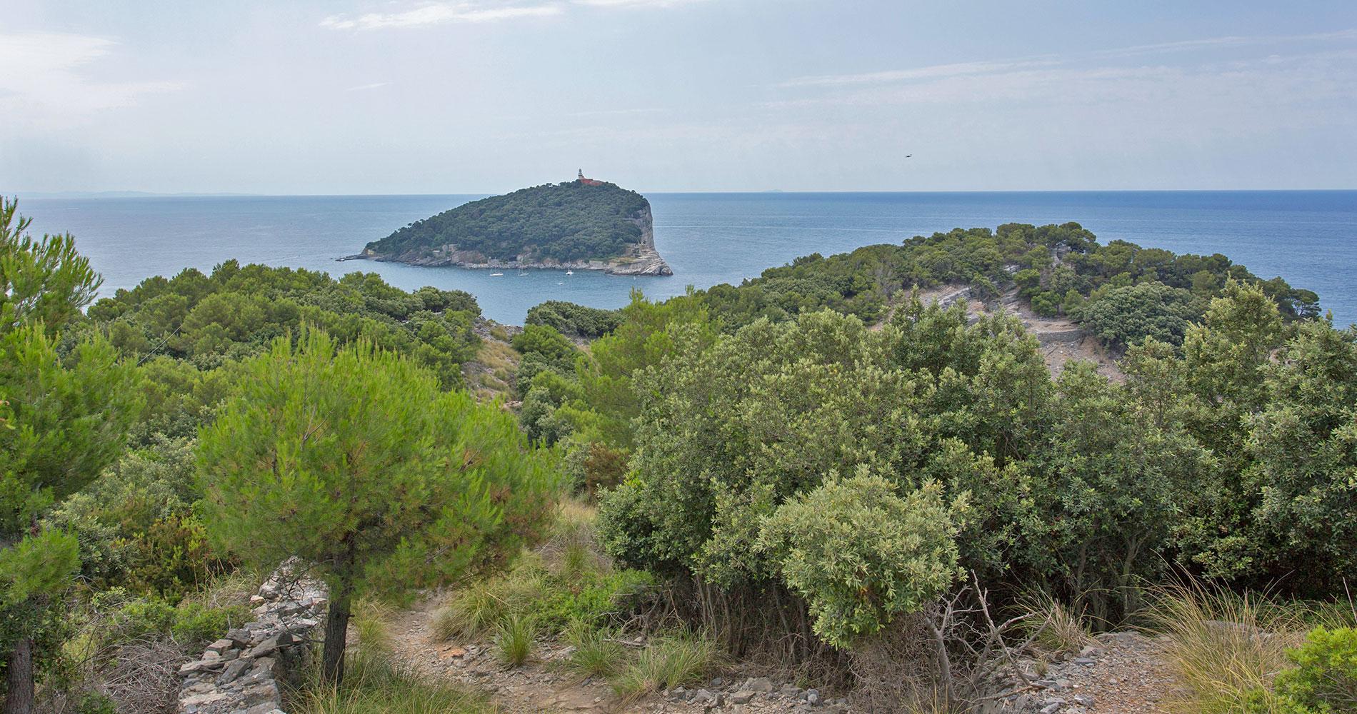 Photo d'un sentier sur l'île de Palmaria avec l'île de Tino en arrière-plan